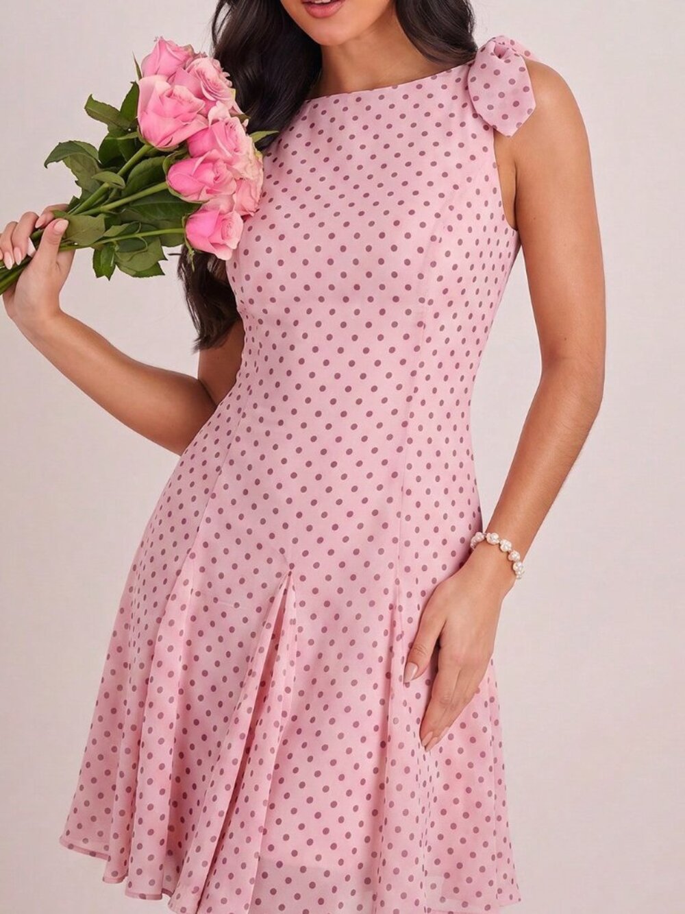 Pink French Women's Elegant Polka Dot Pleated Mini Dress - Picture 6 of 9
